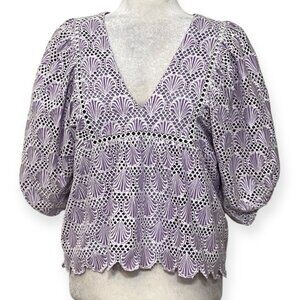 SAYLOR Lavender Eyelet Embroidered Cotton Blouse • Puff Sleeve • Size L